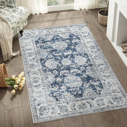 jinchan Fiora Floral 3x5 Area Rugs for Entryway - Machine Washable Taupe Vintage Distressed Design Doormat Non-Slip Ultra-Thin Low Pile Boho Rug for Kitchen Living Room Farmhouse (3‘x5', Dark Blue)