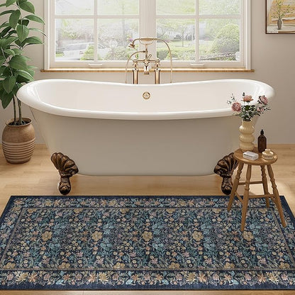 DUKINO 2x5 Washable Runner Rug, Floral Non Slip Bathroom Rugs with Soft Low Pile Design, Lightweight Non-Shedding Carpet Runner for Bathroom, Kitchen, Hallway, Bedroom, Laundry, Dark Blue