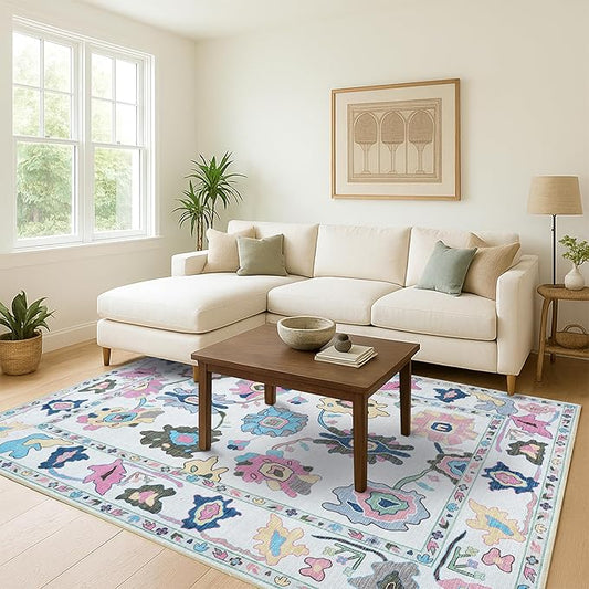 Fame Living Colorful Oushak Rug, Modern, Vintage, Turkish, Eclectic, Floral, Pastel, Washable, Area Rugs for Living Room, Dining, Bedroom, Office, Entryway, Foyer, Playroom, Nursery, 5'x6'9"