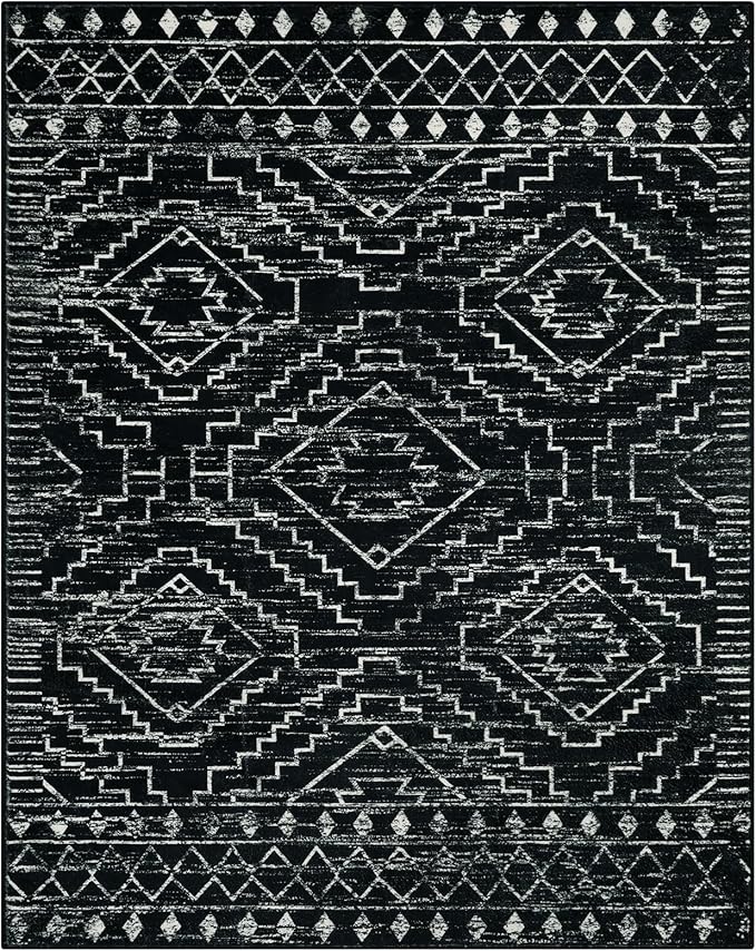 Wonnitar Moroccan 8x10 Area Rugs for Living Room, Washable Large Black Rug for Bedroom, Non-Slip Soft Thin Stain Resistant Boho Tribal Floor Carpet for Dining Guest Room Office (Black,8'x10')