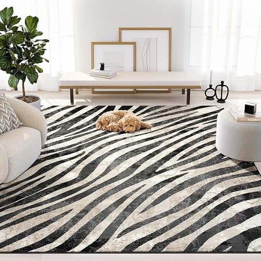 Abani Terra Area Rug for Living Room, Bedroom - Zebra Pattern - Black Cream- 6' x 9' - Durable & Easy to Clean