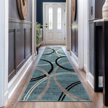 Rugshop Modern Wavy Circles Design Runner Rug, Non-Shedding Carpet for Hallway, Kitchen, or Foyer, Blue, 2'7" x 8'