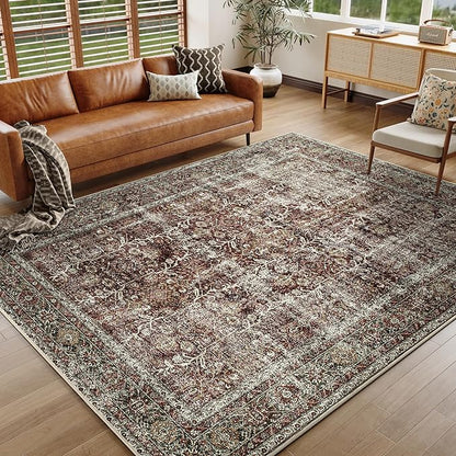 Vintage Area Rug 8x10 Rust Red Washable Living Room Large Carpet Non Slip Bedroom Indoor Office Low Pile Traditional Distressed Retro Accent Rug for Dining Room