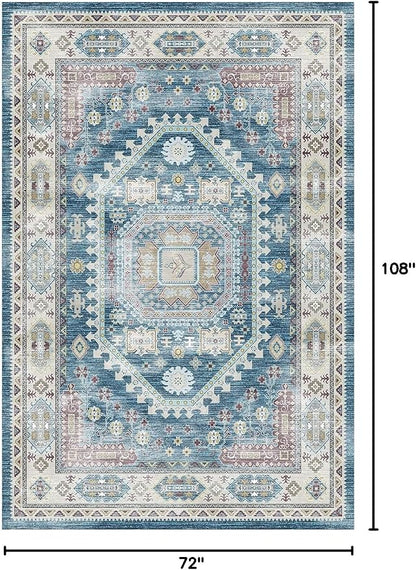 vivorug 6x9 Area Rug, Ultra-Soft Washable Rug for Living Room, Dinner Room, Bedroom, Non-Slip Vintage Medallion Rug, Indoor Carpet Large Area Rug, Blue