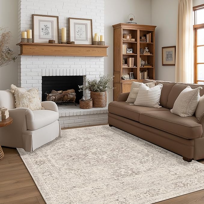 FMFUNCTEX 5x7 Washable Area Rug Neutral Vintage Beige Distressed Non Slip Low Pile Traditional Indoor Carpet for Living Room Bedroom Soft Retro Mat Throw Rug for Dining Office Kitchen Dorm Entryway