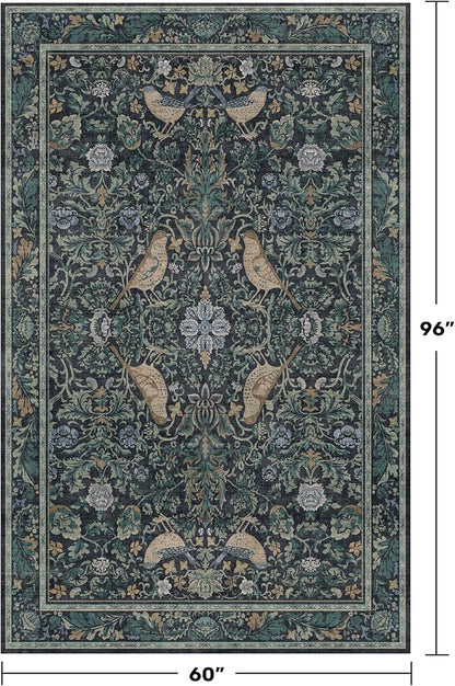 Cottagecore 5x8 Throw Rugs for Living Room, Washable Forest Rugs for Dining Room, Non Slip 5 by 8 Bedroom Under Bed, Low Pile Soft Carpet (Navy Blue & Deep Teal)