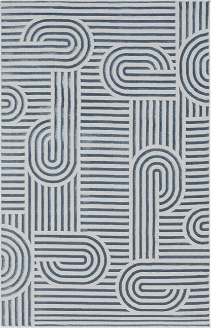 Annabel Modern Geometric Area Rug for Living Room, 4x6 Contemporary Arched and Linear Blue Rug, High-Low Pile Stain Resistant Carpet for Bedroom, Dining Room or Kitchen (4' x 6', Blue)