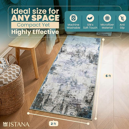Istana Hallway Runner Rug 2x6 - Grey Navy Kitchen Rugs Non Slip Washable -Silk's Soft Touch Carpet Runner - Stylish Rug for Home