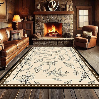 Medieval French Style Area Rugs 8x10ft, Off-White Botanical Leaf Pattern Rug, Low Pile Carpet, Washable & Non-Slip for Living Room, Bedroom, Dining Room, Dorm