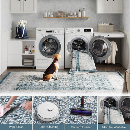 jinchan Floral 6x9 Area Rug for Living Room - Machine Washable Vintage Distressed Boho Design Throw Rug Stain Resistant Carpet Low-Pile Thin Non-Slip for Bedroom Dining Room Nursery (6‘x9', Dark Blue)