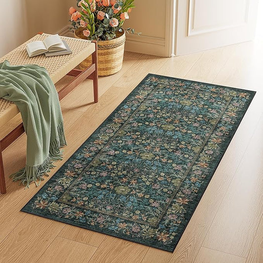 DUKINO 2x4 Rug for Entryway, Lightweight Washable Runner Rug with Non Slip Backing, Vintage Floral Low Pile Small Carpet Runner for Kitchen, Hallway, Entryway, Bathroom, Bedroom, Blue