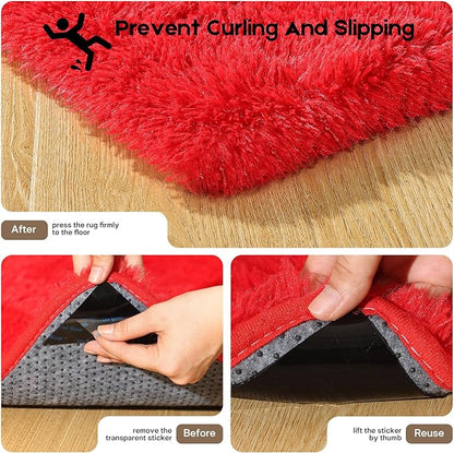 4x6 Red Rug for Bedroom Living Room, Fluffy Small Area Rug Soft Shag Carpet for Kids Boys and Girls Room with 4 Rugs Non-Slip Stickers Dorm Home Decor (4ft x 6ft)