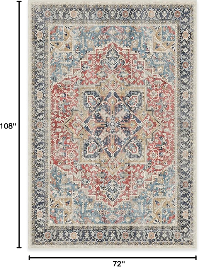 RUGGABLE Washable Vintage Area Rug – Kamran Cayenne Red 6x9, Stain-Resistant, Non-Slip – Medium Machine Washable Rugs for Living Room, Bedroom, Hallway, Entryway & Office–with Cushioned Pad