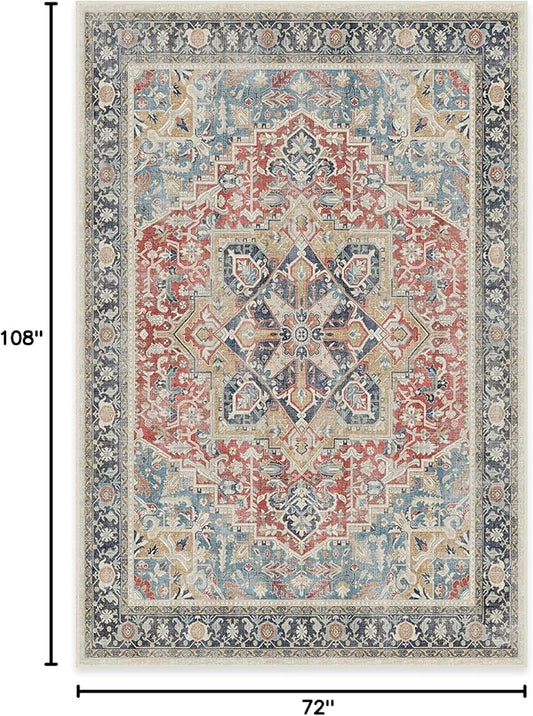 RUGGABLE Washable Vintage Area Rug – Kamran Cayenne Red 6x9, Stain-Resistant, Non-Slip – Medium Machine Washable Rugs for Living Room, Bedroom, Hallway, Entryway & Office–with Cushioned Pad