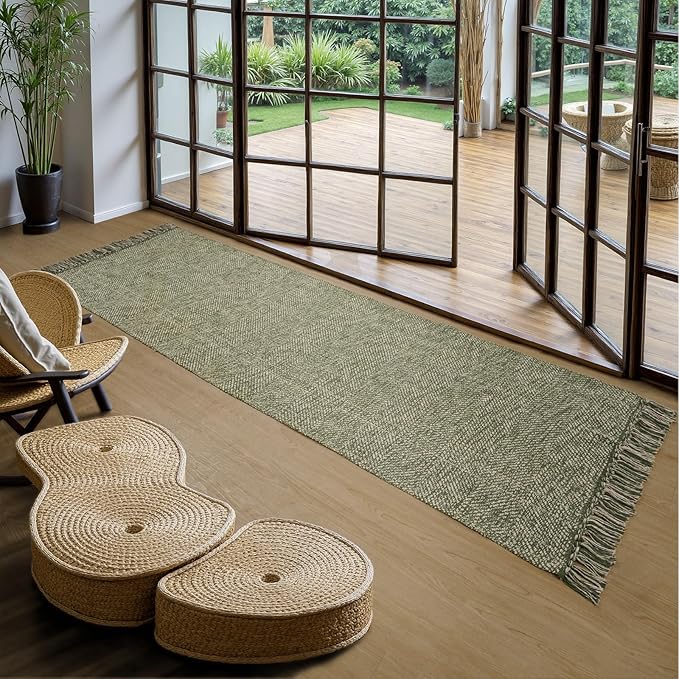 Collive Long Carpet Runners for Hallway 2.6x8ft, Washable Cotton Woven Kitchen Runner Rugs Low-Profile Entryway Rug, Natural/Green Modern Front Door Floor Carpet for Laundry Room Bedroom Doorway