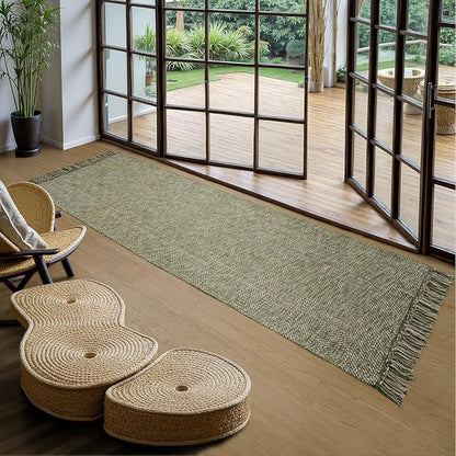 Collive Long Carpet Runners for Hallway 2.6x8ft, Washable Cotton Woven Kitchen Runner Rugs Low-Profile Entryway Rug, Natural/Green Modern Front Door Floor Carpet for Laundry Room Bedroom Doorway
