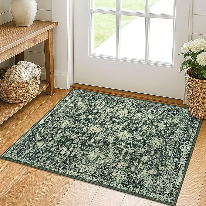KILOCOCO Moroccan Small Area Rug 2x3 Entryway Rugs Printed Vintage Floral Washable Rug Non-Slip Kitchen Rug Indoor Door Mat, Accent Throw Small Rugs for Laundry Room Bedroom Entrance, Green