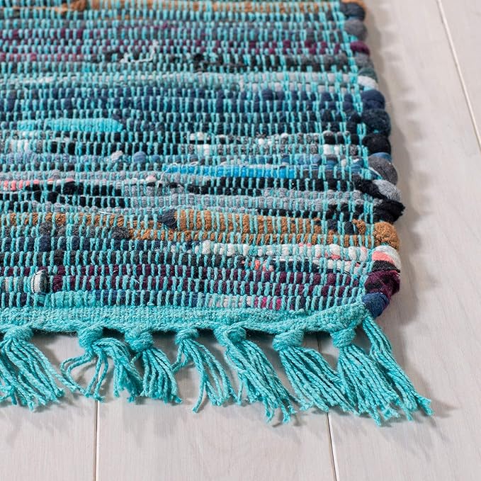 SAFAVIEH Rag Rug Collection Runner Rug - 2'3" x 14', Blue & Multi, Handmade Boho Stripe Cotton, Ideal for High Traffic Areas in Living Room, Bedroom (RAR121B)