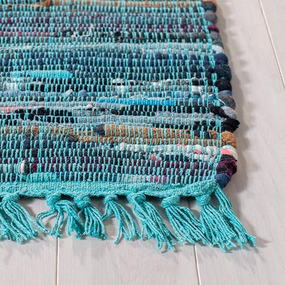 SAFAVIEH Rag Rug Collection Accent Rug - 3' x 5', Blue & Multi, Handmade Boho Stripe Cotton, Ideal for High Traffic Areas in Entryway, Living Room, Bedroom (RAR121B)