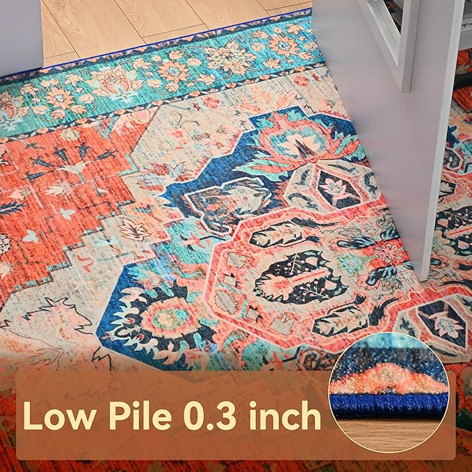 YJ.GWL Area Rugs for Living Room 5x7 Machine Washable Rugs, Non Slip Floral Vintage Rug Indoor Carpet, Stain Resistant Large Rug for Bedroom Dining Room, Red Blue Gradient Color