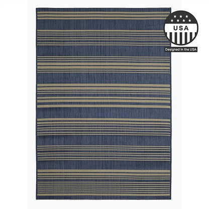 FH Home Outdoor Rug - Waterproof Easy to Clean Stain Resistant - Patio Indoor Outdoor Porch Deck Balcony Entryway - Striped Coastal - Newport - Blue - 5ft 2in x 7ft 6in