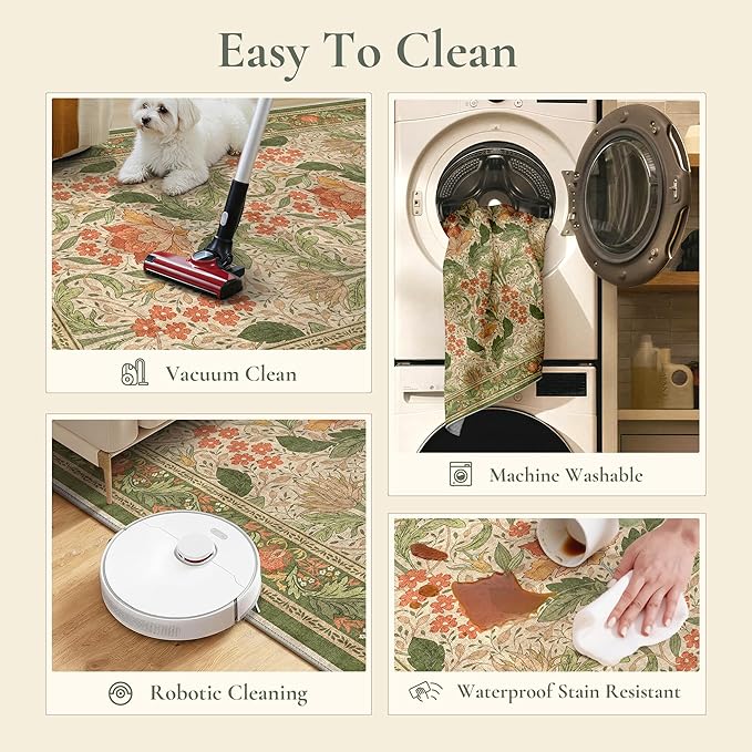 Bavni 2'6''x6 Runner Rug,Microfiber Washable Non-Slip Vintage Floral Rugs,Low Pile Lightweight Carpet for Bedroom,Hallway,Entryway,Kitchen,Bathroom, Sage Green & Burnt Orange