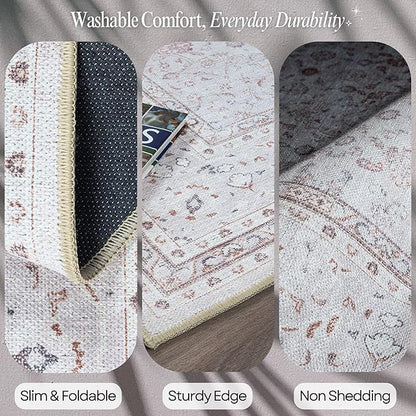 Fame Rugs Turkish Rug. Washable Vintage Oriental Antique Inspired Traditional Doormat Small Modern Area Rugs Luxury Entryway Entry Bedroom Bathroom Kitchen (411CC, 2'5 x 13'1)