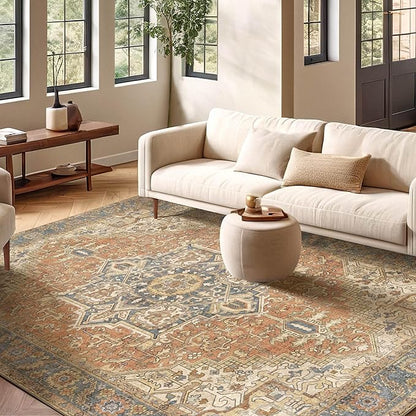 Kokia 4x6 Washable Area Rugs Terracotta with Vintage Orient Design, Soft Rug for Living Room or Bedroom, Non-Slip Low Pile Stain Resistance Features, Distressed Medallion Pattern