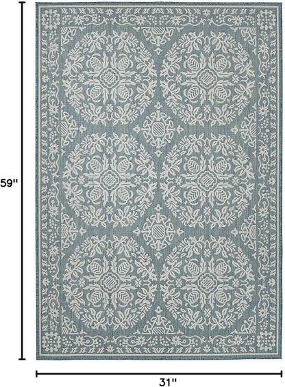 FH Home Flat Woven Outdoor Rug - Waterproof, Easy to Clean, Stain Resistant - Premium Polypropylene Yarn - Farmhouse - Porch, Deck,Balcony,Laundry Room - Marbella - Ocean - 2ft 8in x 4 ft 11in