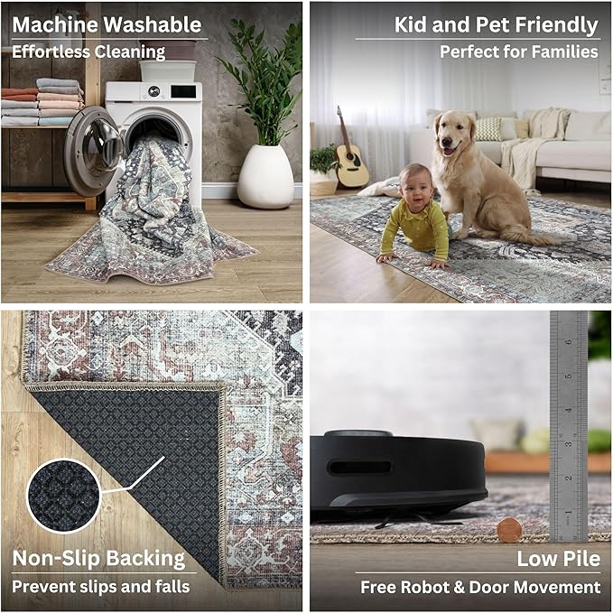 Bloom Rugs Washable Non-Slip 4' x 6' Rug - Charcoal/Brown Traditional Medallion Area Rug for Living Room, Bedroom, Dining Room, and Kitchen - Exact Size: 4' x 6'