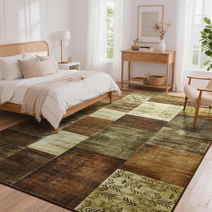 Tepook Modern Area Rug for Living Room, 6x9 Geometric Large Rugs for Bedroom, Washable Patchwork Rug Indoor Non-Slip Throw Carpets for Dining Room Office Farmhouse Home Decor, Brown