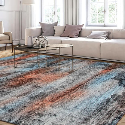 WILLSUN Washable Area Rugs, 8x10 Non-Slip Boho Large Area Rugs for Living Room, Bedroom, Machine Washable Vintage Rug, Indoor Floral Print Carpet for Home Decor, Kid & Pet Friendly Mat