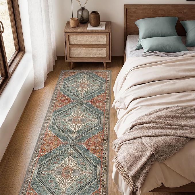 Bavni Runner Rug 2x10 Kitchen Rugs for Hallways Entryway, Washable Vintage Print Carpet, Ultra-Thin Chenille Low Pile Lightweight Rug with Non Slip Backing, Light Red/Blue