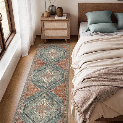 Bavni Runner Rug 2x12 Kitchen Rugs for Hallways Entryway, Washable Vintage Print Carpet, Ultra-Thin Chenille Low Pile Lightweight Rug with Non Slip Backing, Light Red/Blue