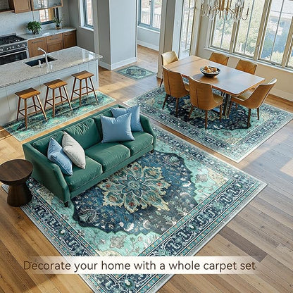 Area Rugs 10'x14' Washable Non-Slip, Floral Vintage Distress Print Pattern Medallion Carpet for Living Room Bedroom Dining Room, Teal Green Lake Blue Turquoise