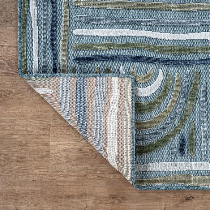 CAMILSON Indoor Outdoor Rug, Aqua 8x10 Geometric Arch Striped Area Rugs for Patio and Home Areas, Easy-Cleaning Non-Shedding Living Room, Garden and Deck Washable Outside Carpet (8 x 10)