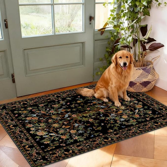 Door Mat Entryway Rug 2x3, Machine Washable Non-Slip Small Area Rug, Boho Floral Low Pile Throw Rugs for Entrance, Front Door, Entry, Kitchen, Kids Room（Black）