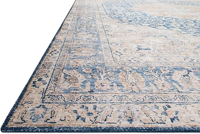 Loloi Layla Collection LAY-07 Blue/Tangerine 9'-0" x 12'-0" .13" Thick Area Rug, Soft, Durable, Vintage Inspired, Distressed, Low Pile, Non-Shedding, Easy Clean, Printed, Living Room Rug