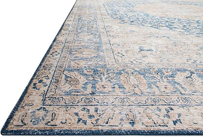Loloi Layla Collection LAY-07 Blue/Tangerine 2'-0" x 5'-0" .13" Thick Accent Rug, Soft, Durable, Vintage Inspired, Distressed, Low Pile, Non-Shedding, Easy Clean, Printed, Living Room Rug
