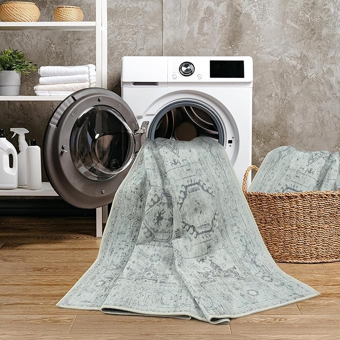 GLN Rugs Traditional Collection - Machine Washable Area Rug, Traditional Washable, Non Slip, Low Pile Chenille Rug, Living Room, Bedroom, Kitchen Rug (2'6" x 7' Cream/Gray/Sea Salt)