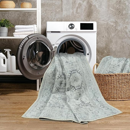 GLN Rugs Traditional Collection - Machine Washable Area Rug, Traditional Washable, Non Slip, Low Pile Chenille Rug, Living Room, Bedroom, Kitchen Rug (4' x 6' Cream/Gray/Sea Salt)