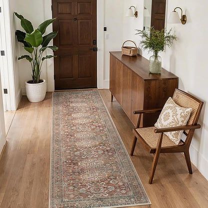 Bavni Boho Tribal Runner Rug 2'6"x7', Washable Hallway Carpet with Non-Slip Backing, Soft Low Pile Long Rug for Entryway, Kitchen, Bedroom, Living Room, Brick