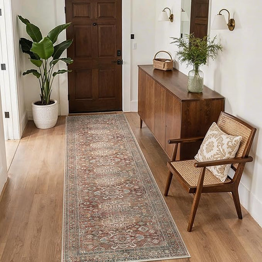 Bavni Boho Tribal Runner Rug 2'6"x7', Washable Hallway Carpet with Non-Slip Backing, Soft Low Pile Long Rug for Entryway, Kitchen, Bedroom, Living Room, Brick
