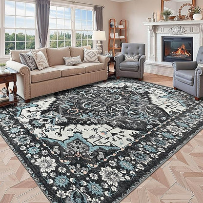 YJ.GWL Area Rugs for Living Room 8x10 Machine Washable Rugs, Non Slip Floral Vintage Rug Indoor Carpet, Stain Resistant Large Rug for Bedroom Dining Room, Black Grey Blue