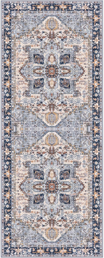 KOZYFLY Runners for Hallways 2x6 Ft Washable Kitchen Runner Rug Boho Runner Rug for Entryway Indoor Printed Oriental Faux Wool Floor Carpet Runner for Bedroom Kitchen Hall, Blue Gray/Cream