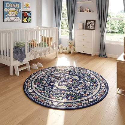 Rugcomf Round Rug 6ft Washable Circle Rug Floral Non Slip Low Pile Small Circular Rug for Bedroom, Bathroom, Entryway, Kids Room, Office(Blue)