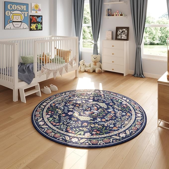Rugcomf Round Rug 4ft Washable Circle Rug Floral Non Slip Low Pile Small Circular Rug for Bedroom, Bathroom, Entryway, Kids Room, Office(Blue)
