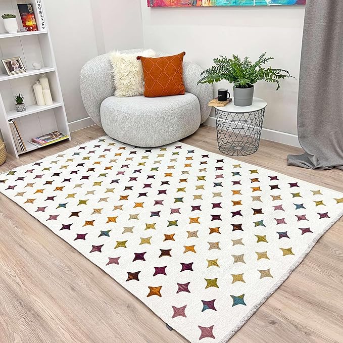 Alfa Rich 4x6 Moroccan White Area Rugs for Living Room Bedroom Decor Washable Cotton Pet Friendly