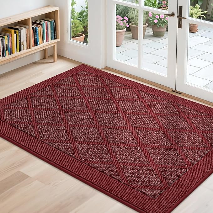 COSY HOMEER Non-Slip Door Mat 32"x48", Entryway Rugs Low Profile Absorbent Dirt Trapper Doormat for Front Entrance, Washable Polypropylene Entry Mat (Red)