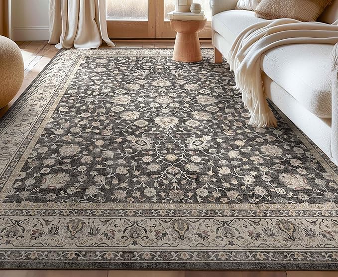Well Woven Asha Rome Black 7'7" x 9'10" Area Rug - Oriental Floral Pattern, Easy Clean, Floor-Friendly Backing - for Living Room, Bedroom, and Dining Room